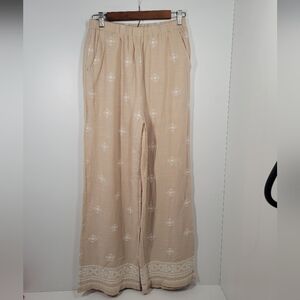 DeVivo D'Amare Tan Linen Floral Embroider Elastic Wide-Leg Pant Pocket Women M/L